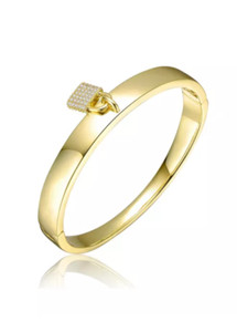 Authentic 14k Yellow Gold Plated Cubic Zirconia Padlock Charm Stacking Bangle Bracelel
