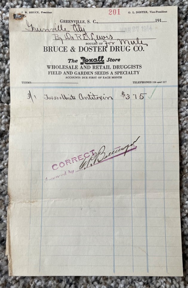 SC Greenville SC South Carolina Pharmacy Druggist Medicine Document