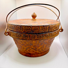 Vintage Navajo Style Safari Distressed Metal Basket With Top And Handle