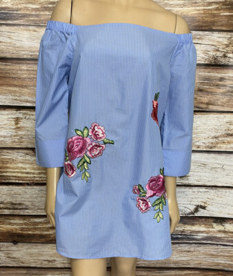 Grand And Greene Women s Blue White Embroidered Striped Mini Dress Shift Small