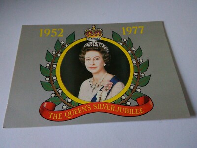 Vintage 70er Jahre unbenutzte Postkarte zum Gedenken an das Silberjubiläum der Queen.