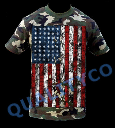 Men's Huge Distressed US Flag Camo T Shirt Muscle Army Military USA American Tee - Picture 1 of 2