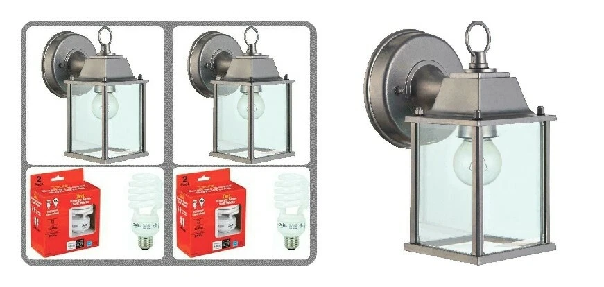 Wall Lantern Outdoor Wall Light Fixture Sconce Glass Panels -Brushed Nickel - Image 2 of 4