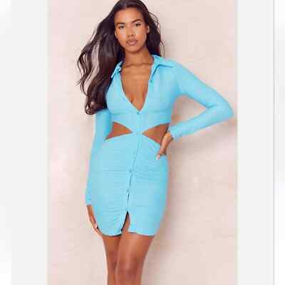 PrettyLittleThing Blue Textured Cut Out Waist Shirt Dress Sz 0 | eBay
