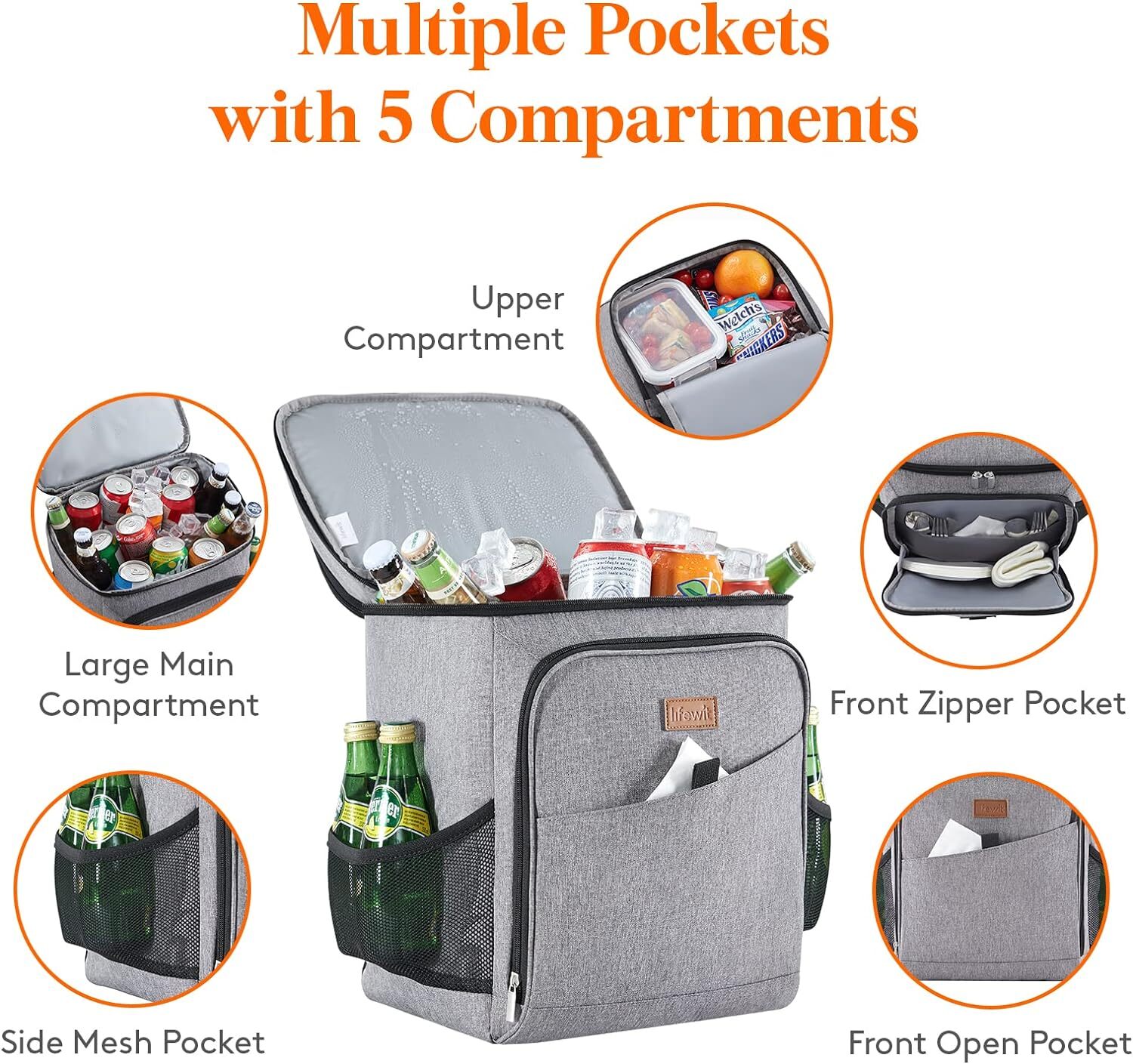 Lifewit Insulated Soft Cooler Bag Backpack, 26L 34Can Leakproof Grey