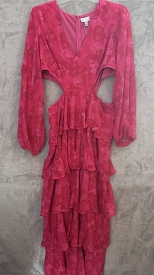 Pretty Lavish Maxi Dress Womens US 12 Pink Floral Cutout Ruffle Boho Tiered Zip