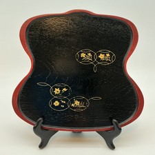 Vintage Japanese Black wood Lacquer Serving Tray hand painted design 22 x 24cm