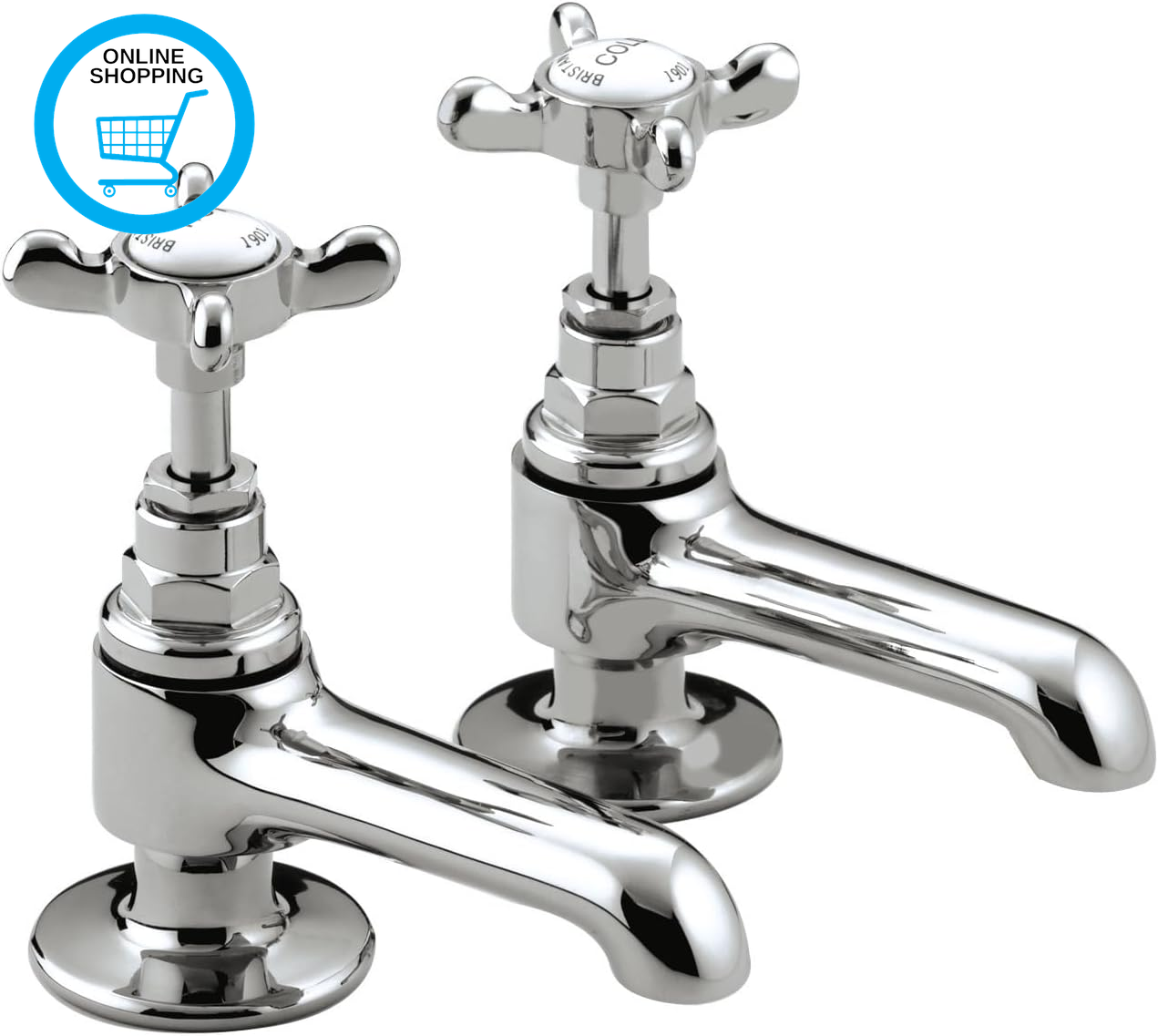 1901 Basin Pillar Taps with Crosshead Handles, Single Flow Traditional Design Ba