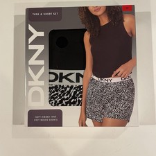 DKNY Women  s Tank  Short Set Sz Medium Black White Animal Print Ribbed Cozy New