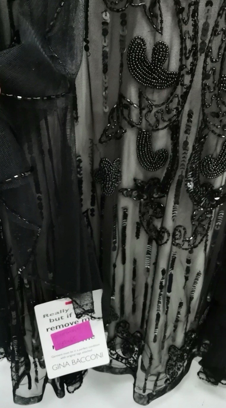 Gina Bacconi Sequin Beaded Mesh V Neck Longline Evening Black Range Tie Dress image 9