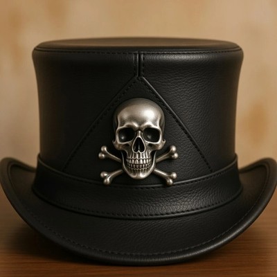 Black Genuine Leather Skull Crossbones Top Hat Gothic Pirate Steampunk Costume