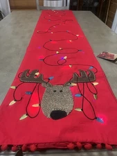 Pier 1 Imports Light-up LED Table Runner Christmas Red Lighted Reindeer 72”x13” 
