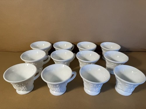 Vintage Milk Glass Paneled Grape 12-PC Punch Cups Set Pedestal Westmoreland