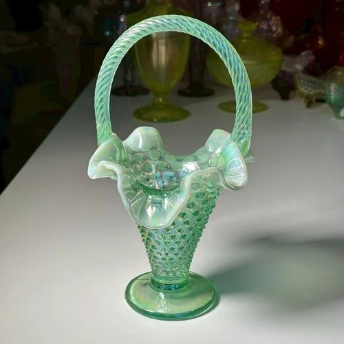 Vintage Fenton Art Glass Green Opalescent Hobnail Basket Twisted Handle