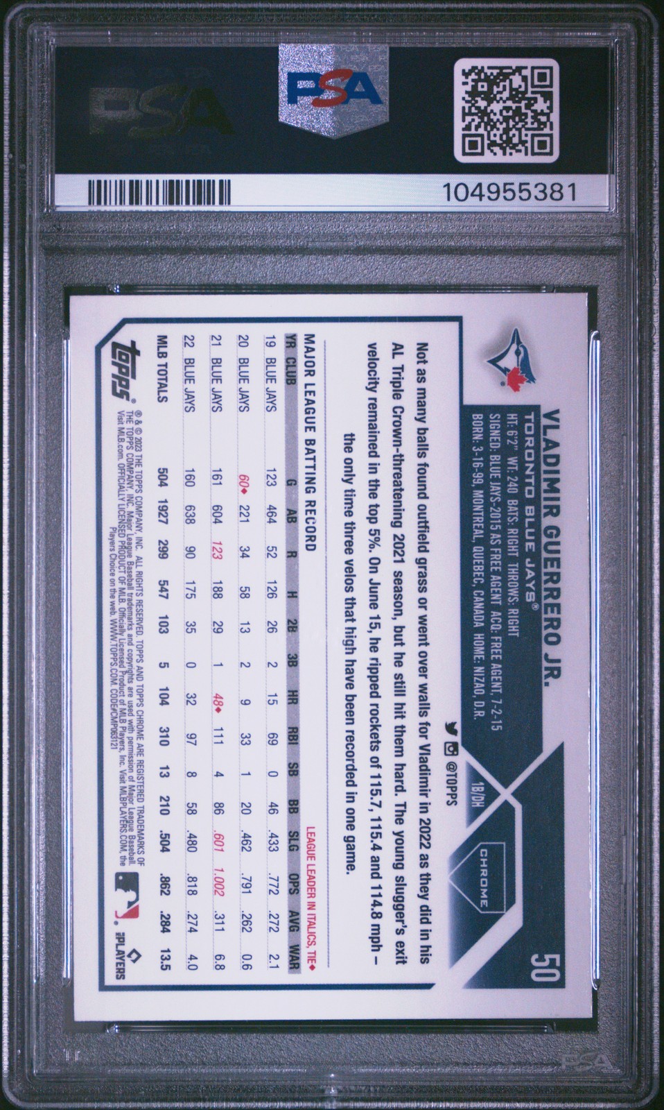2023 TOPPS CHROME NEGATIVE REFRACTOR #50 VLADIMIR GUERRERO JR. PSA 10 view 2