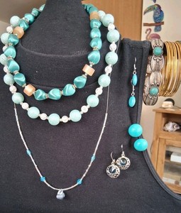 Lot Of 10++Vintage Blue Powder Coated Crackle Beaded Necklaces Trifari Earrings+