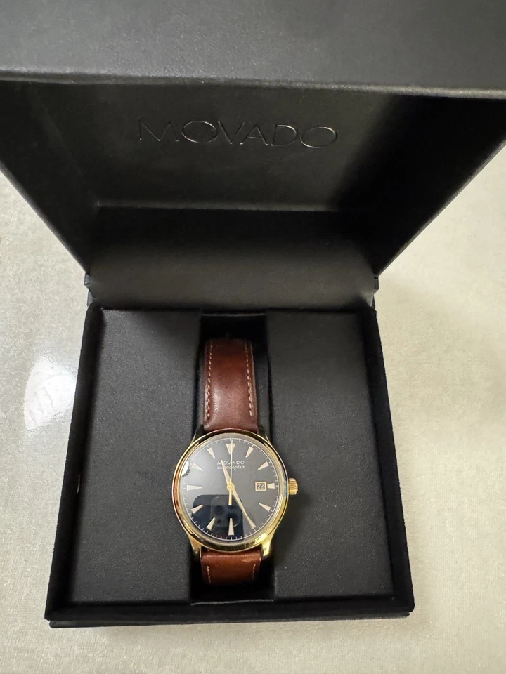 Movado Gold-Tone Heritage Series Calender Black Dial Leather Strap Men’s Watch - Image 2 of 3