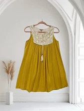 Jodifl Crochet Trim Tie Neck Mini Dress Size Small Mustard Yellow Boho Chic
