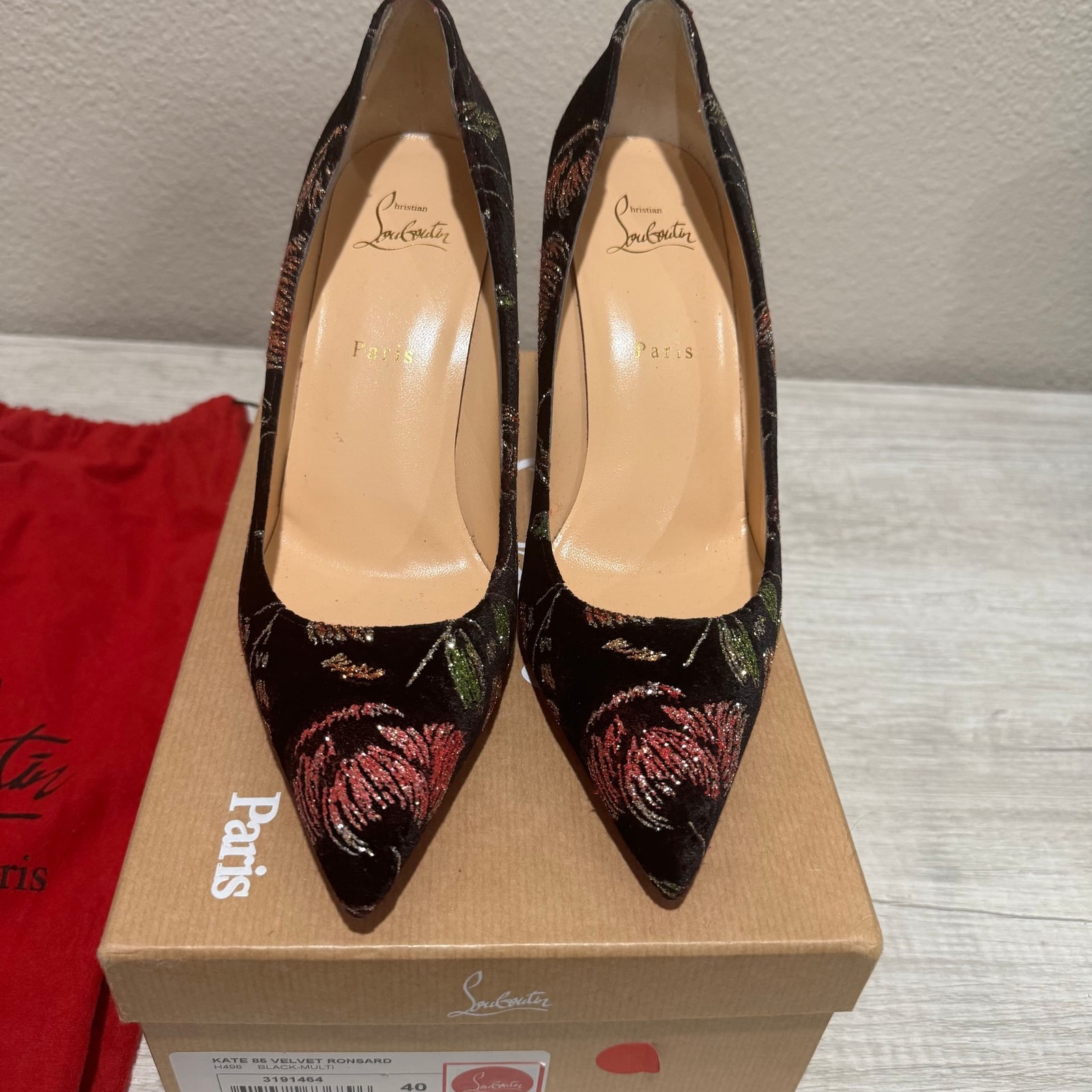 Christian Louboutin Pigalle Follies 100 Black Velvet Red Glitter Heel Pump image 3