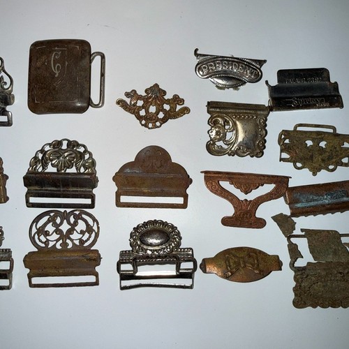 19pc Antique Victorian Gents Suspender Buckle Lot Brass Nickel Filigree 1892 Pat - Picture 4 of 7