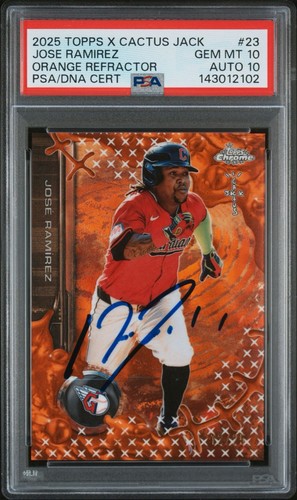 Jose Ramirez Signed 2025 Topps Chrome Cactus Jack Orange Ref /25 Auto PSA 10/10