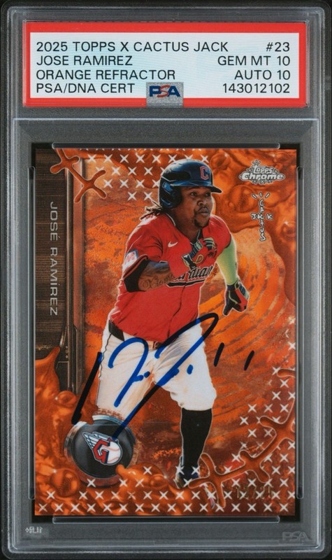 Jose Ramirez Signed 2025 Topps Chrome Cactus Jack Orange Ref /25 Auto PSA 10/10