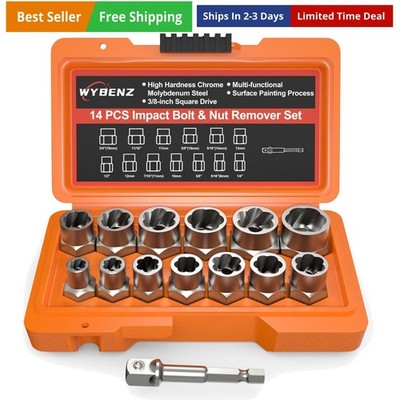 14 PCS Bolt Extractor Set, 3/8'' Drive Impact Bolt & Lug Nut Remover Socket To...