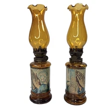 Vtg Lot of 2 Oil Lamps Made In Hong Kong Prayer Hands Religious Amber 9.5''