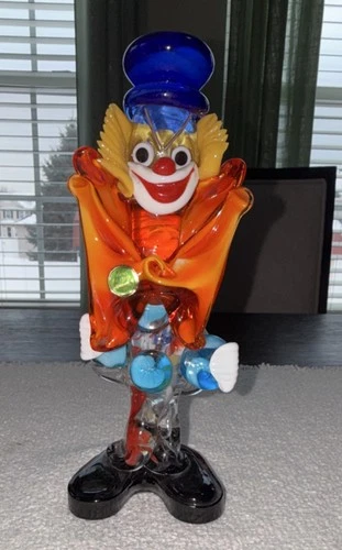 Murano Hand Blown Art Glass Clown Figurine Multicolor Glossy Decorative Venice