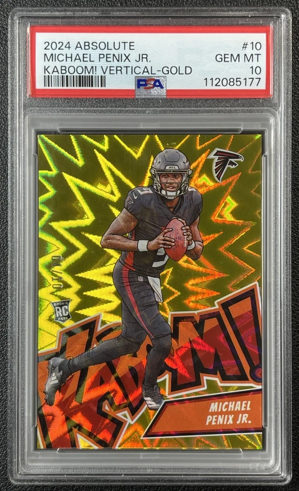 MICHAEL PENIX JR PSA 10 2024 PANINI ABSOLUTE 10 KABOOM! VERTICAL GOLD ROOKIE /10