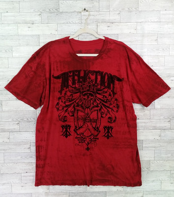 Men's Affliction Skeleton Skull Print Red Black Distressed T Shirt Sz 2XL Knight