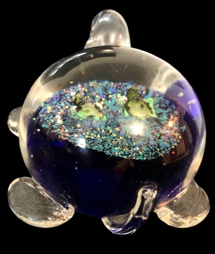 Meeresschildkröte & Babys mundgeblasener Glas Briefbeschwerer 5" Figur blau Glitzer irisierend - Bild 6 von 9