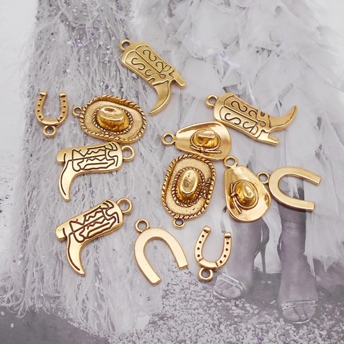 36 Mix Antiqued Gold Western Cowboy Boot Hat Horse Shoe Charm Alloy for Pendant - Picture 8 of 8