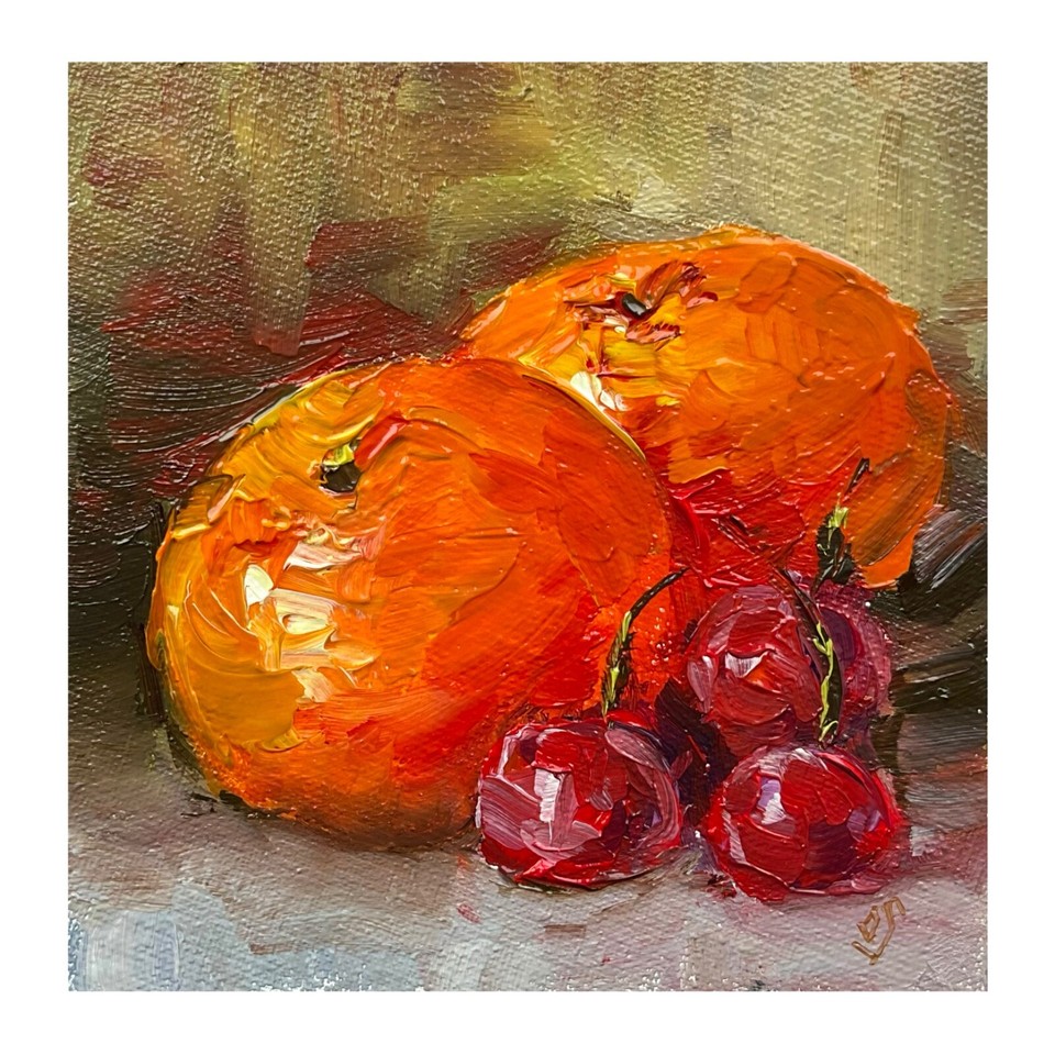 Original miniature oil painting Oranges and cherries fruit 4x4in eBay