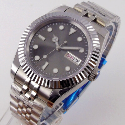 36mm Grey Dial Japan NH36A Sapphire Glass Date Fluted Bezel Automatic Men Watch