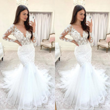 Mermaid Wedding Dress Long Sleeves V Neck Elegant White Tulle Bridal Gowns