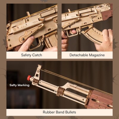 ROKR 3D Wooden Puzzle - AK-47 Submachine Gun Rubber Band Toy Model Kit For Teens & Adults