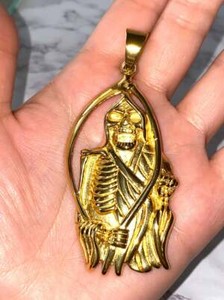 Authentic Solid Precious Metal Men's Santa Muerte Pendant 14K Yellow Gold Plated Silver