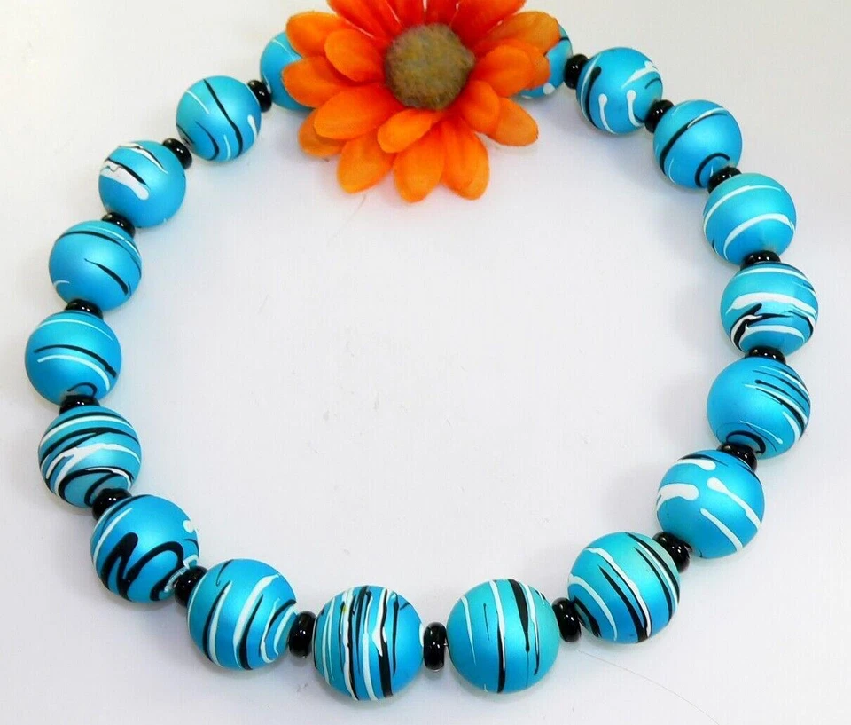 Modeschmuck Kette Halskette PERLEN SPIRAL MUSTER 20mm Ø Türkis schwarz weiß 469q - Bild 2 von 4