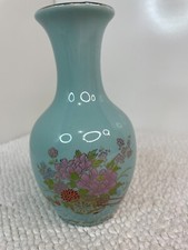 Vintage Pale Blue 6" Vase Decorated with Flower Cart Floral Made in Taiwan