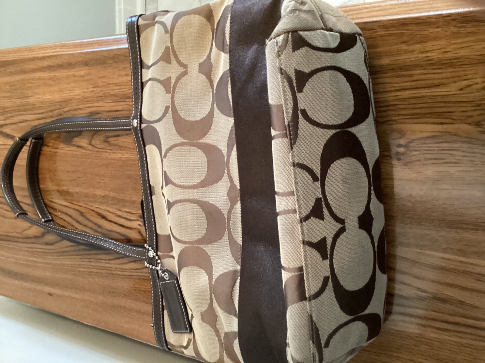 Coach Signature Jacquard Two-Tone Brown Tote Shoulder Bag 14x9