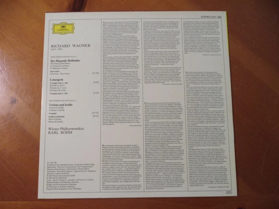 DGG LP 2531-288: WAGNER - Ouvertüren & Vorspiele - BOHM - 1981 GERMANY w/ Insert - Image 2 of 4