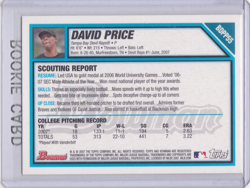 DAVID PRICE 1st Bowman BASEBALL ROOKIE CARD Tampa Bay Rays RC Boston Red Sox ACE - Image 2 of 2