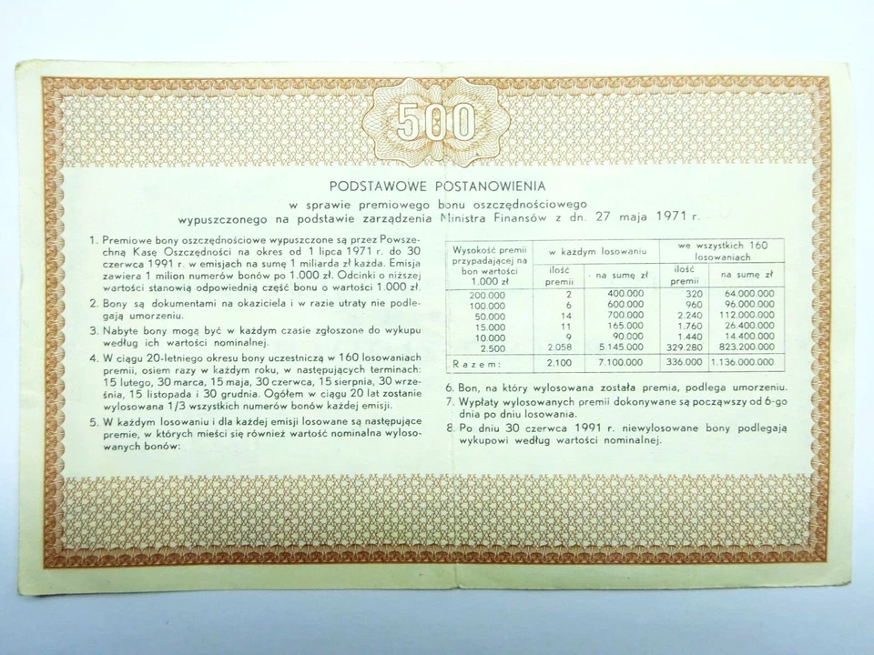 Bank Premium Savings Voucher  500 złotych 1971  Poland Bon Nr 0719216 - Image 2 of 2