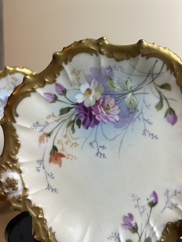 Muville Limoges France Porcelaine LRL Set of 3 Plates Antique 1920's, Gold Flora - Picture 5 of 9