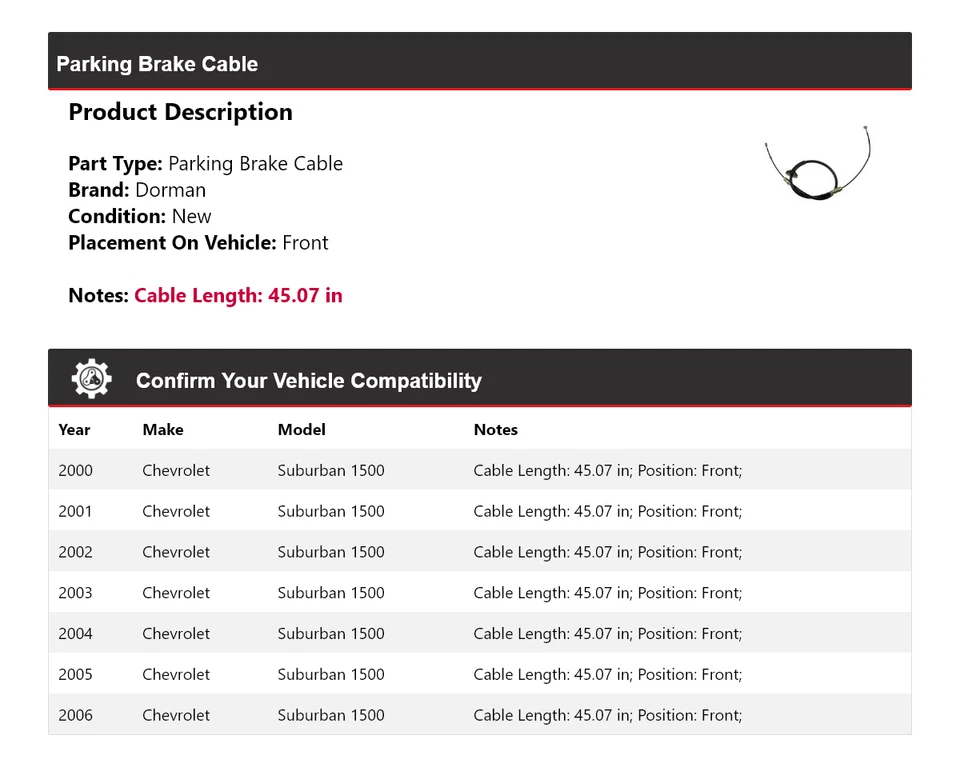 Передний трос стояночного тормоза для Chevrolet Suburban 1500 Dorman 2000-2006 годов выпуска 2001 2002 годов выпуска - Изображение 2 из 4