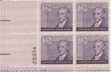 Scott #1105 JAMES MONROE 3¢ Plate Block 1958 U.S. Postage MNH