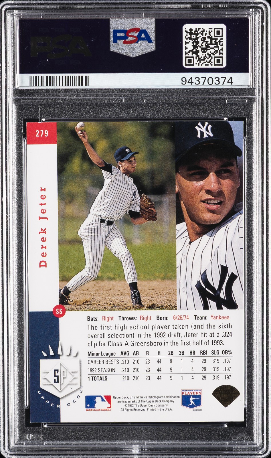 1993 SP FOIL #279 DEREK JETER ROOKIE RC PSA 6 DNA AUTO 10 view 2