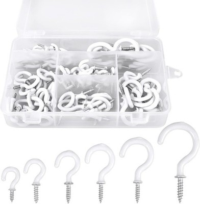 90 Pcs White Ceiling Hooks Kit 6 Sizes Vinyl Coated Screw-In Hooks for Hanging