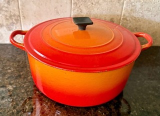Vintage Le Creuset Size E (4.5 Qt) Round Dutch Oven Flame Orange Cast Iron